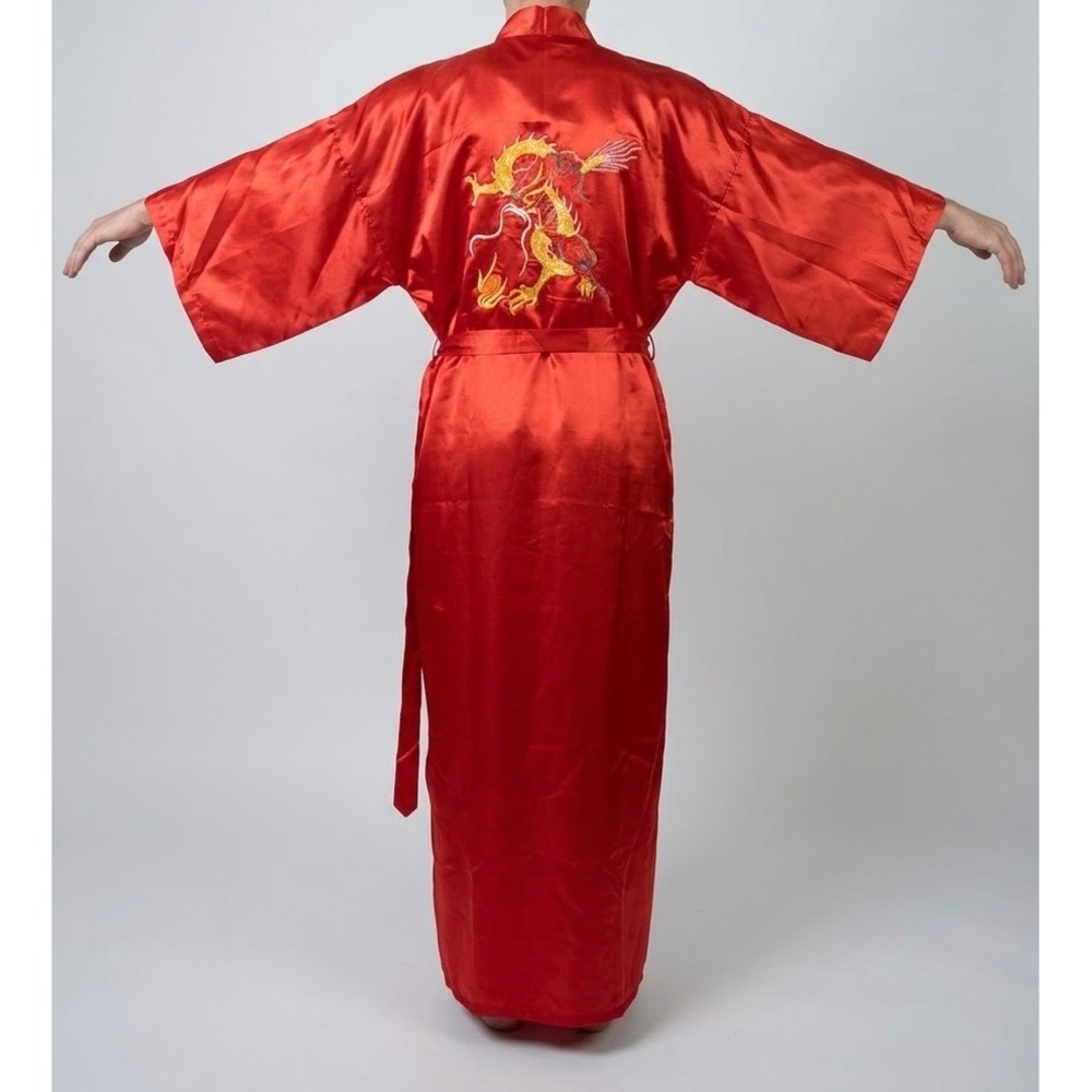 Vintage 60s NOS Esme Chinese Red Satin Dragon Embroidered Robe Kimono